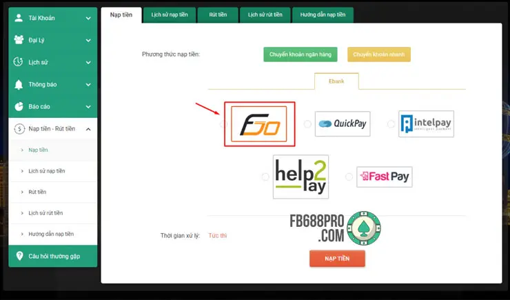 Nạp tiền bằng Thẻ FGO vào FB88 nhanh chóng nhận ưu đãi cao